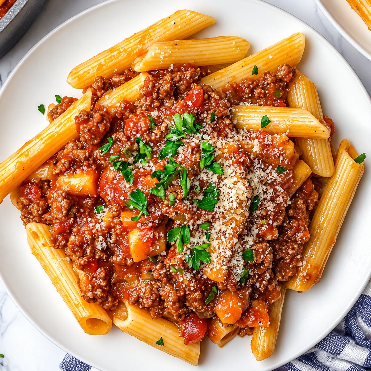 Penne pasta with tomato meat sauce, parmesan and parsley